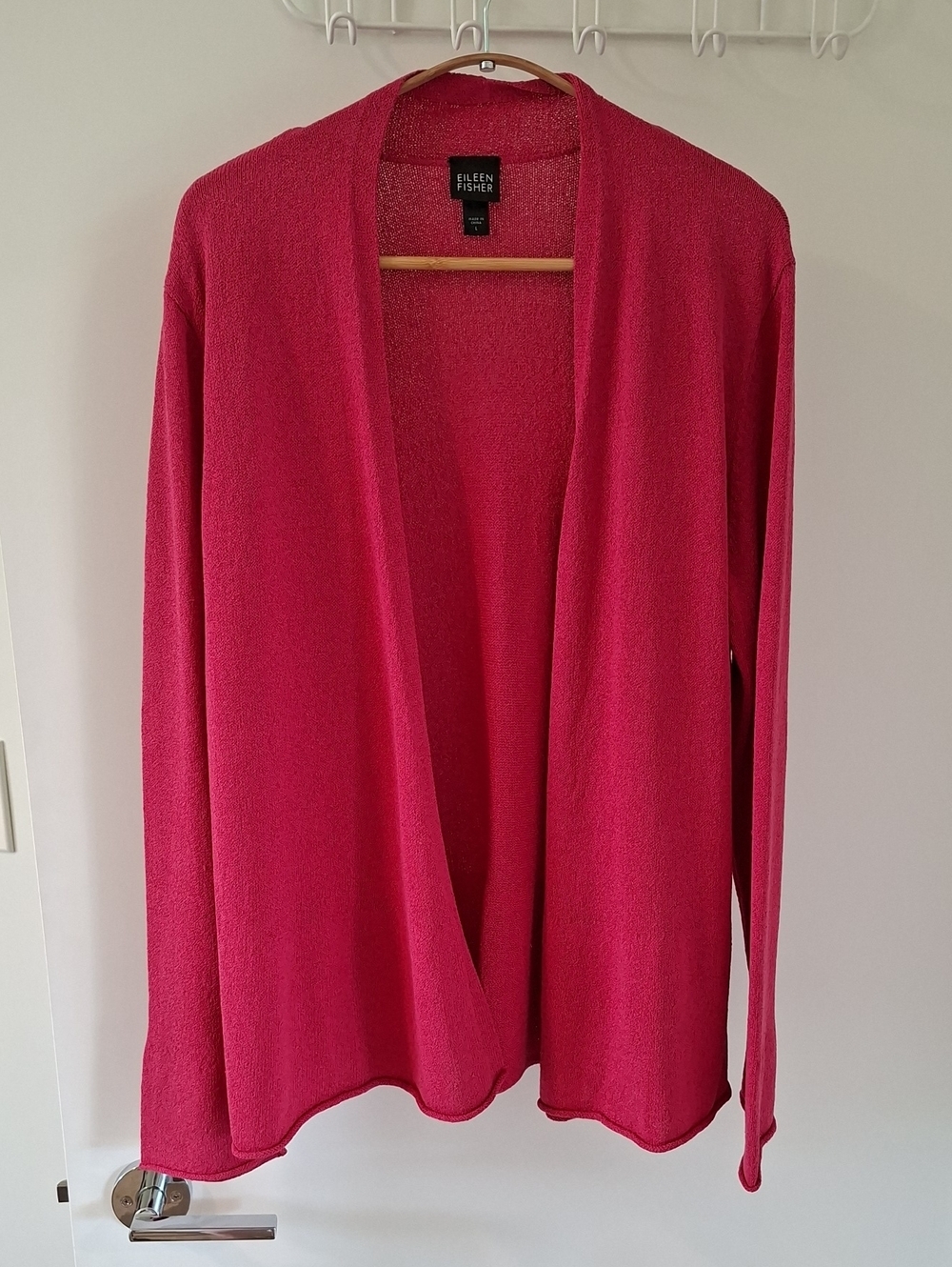 Eileen Fisher Luxurious Bright Pink Silk Open-Front/Waterfall Cardigan (Size L)